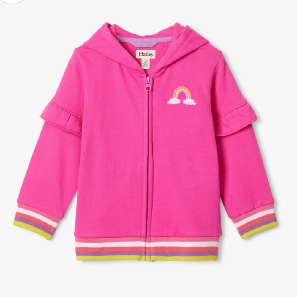 9-12M 🌈Hatley Rainbow Hot Pink Flutter Sleeve Hoodie Zipper Sweatshirt